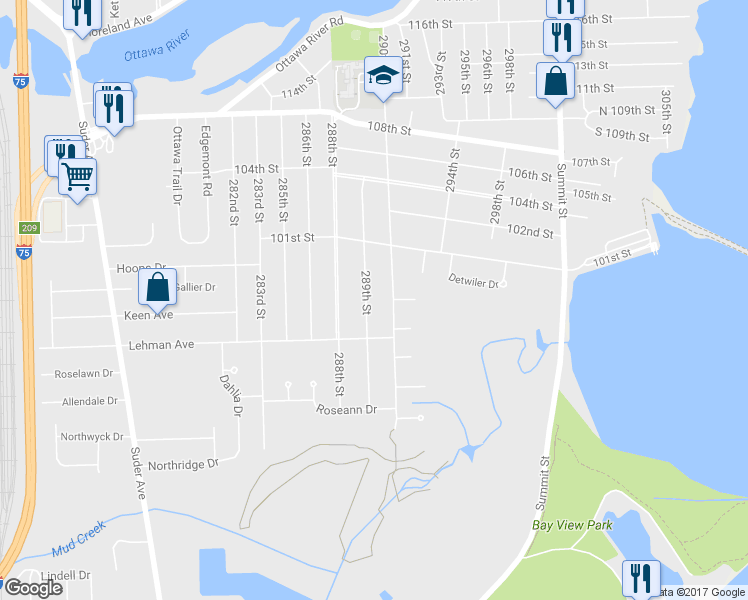 map of restaurants, bars, coffee shops, grocery stores, and more near 4438 289th Street in Toledo