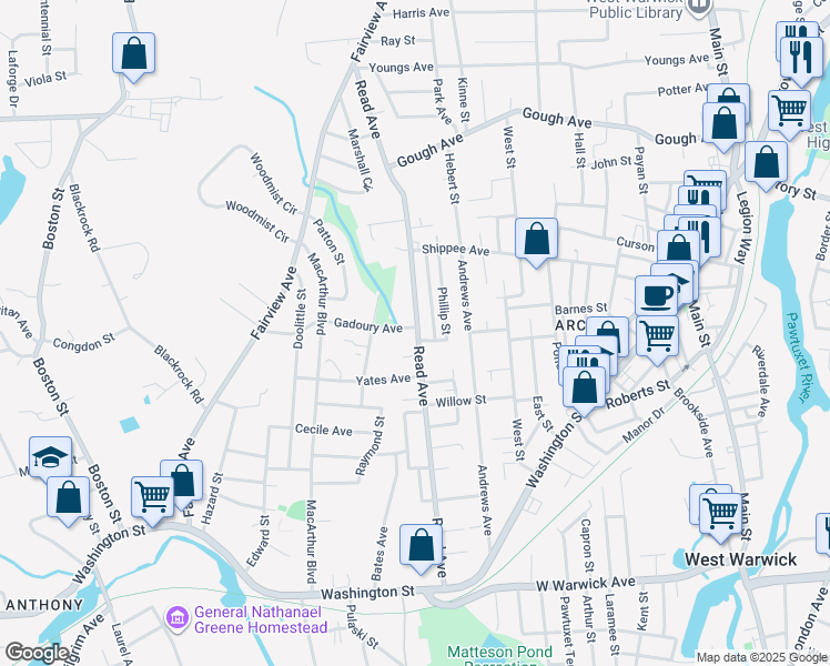 map of restaurants, bars, coffee shops, grocery stores, and more near 120 Read Avenue in Coventry
