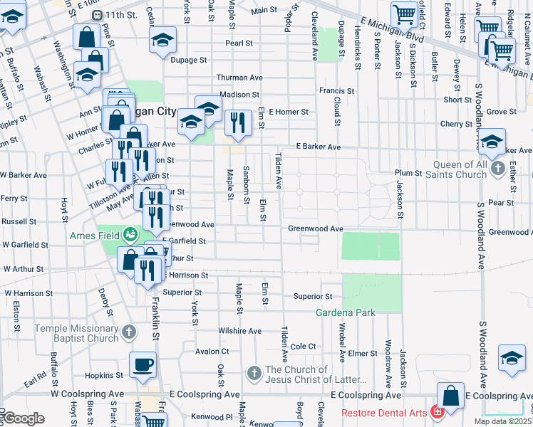 map of restaurants, bars, coffee shops, grocery stores, and more near 1024 Elm Street in Michigan City