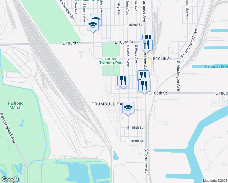 map of restaurants, bars, coffee shops, grocery stores, and more near 2436 East 106th Street in Chicago