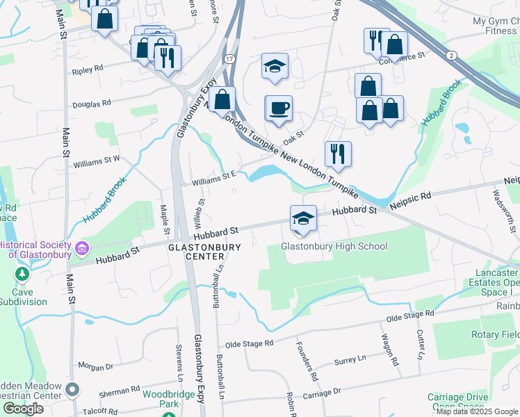 map of restaurants, bars, coffee shops, grocery stores, and more near 257 Hubbard Street in Glastonbury