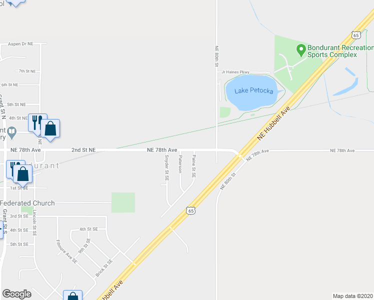 map of restaurants, bars, coffee shops, grocery stores, and more near 1133 Northeast 78th Avenue in Bondurant