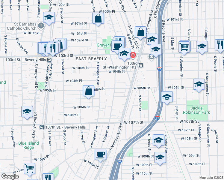 map of restaurants, bars, coffee shops, grocery stores, and more near 10500 South Church Street in Chicago