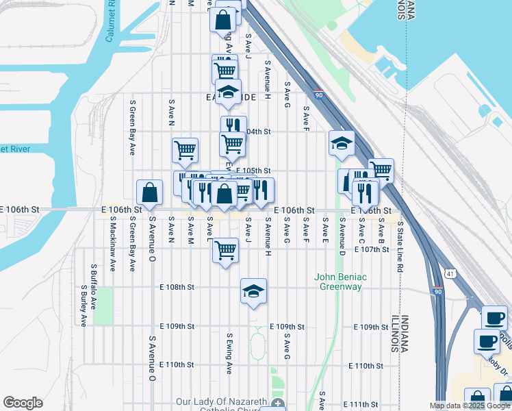 map of restaurants, bars, coffee shops, grocery stores, and more near 3710 East 106th Street in Chicago