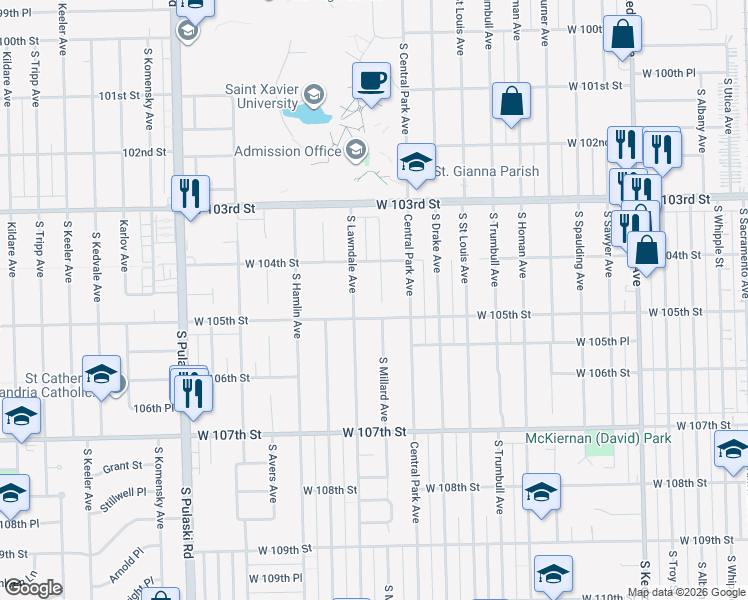 map of restaurants, bars, coffee shops, grocery stores, and more near 10440 South Millard Avenue in Chicago