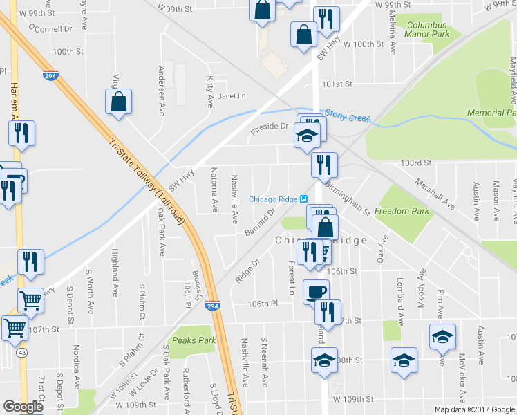 map of restaurants, bars, coffee shops, grocery stores, and more near 10405 Leslie Lane in Chicago Ridge