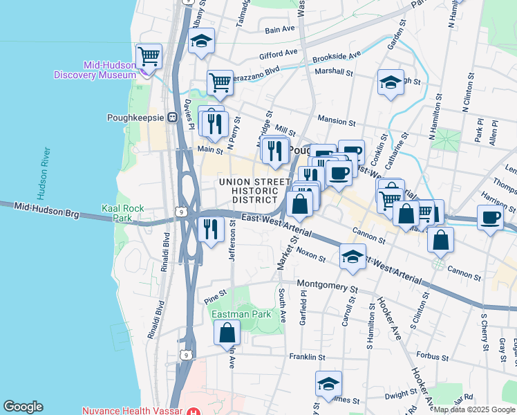 map of restaurants, bars, coffee shops, grocery stores, and more near 49 South Bridge Street in Poughkeepsie