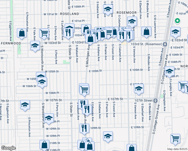 map of restaurants, bars, coffee shops, grocery stores, and more near 10515 South Edbrooke Avenue in Chicago