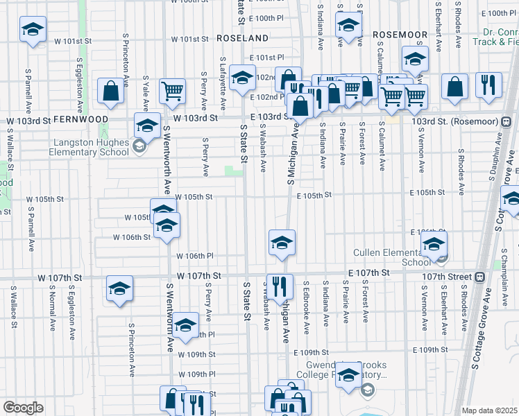 map of restaurants, bars, coffee shops, grocery stores, and more near 10516 South Wabash Avenue in Chicago