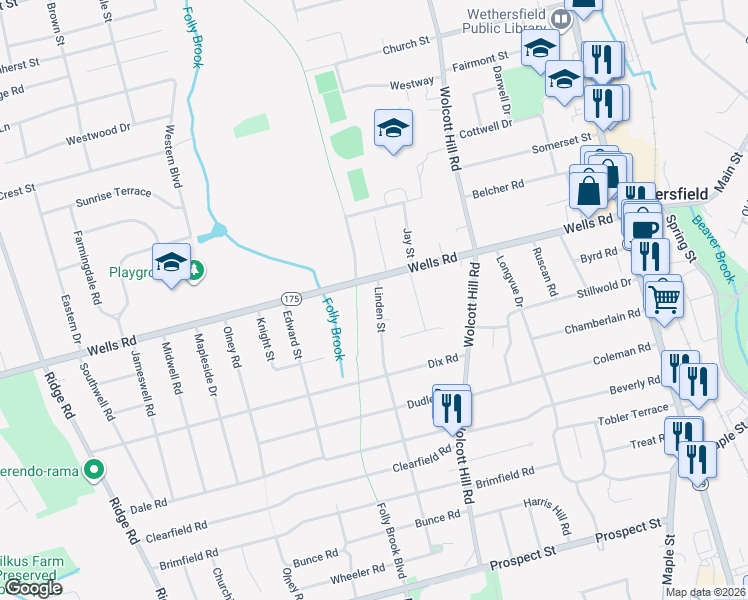 map of restaurants, bars, coffee shops, grocery stores, and more near 19 Linden Street in Wethersfield