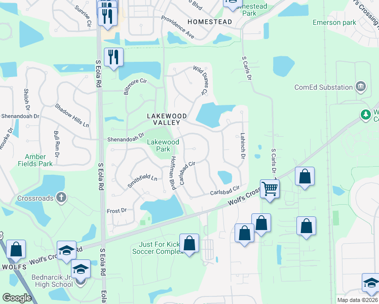 map of restaurants, bars, coffee shops, grocery stores, and more near 2735 Olympic Court in Aurora