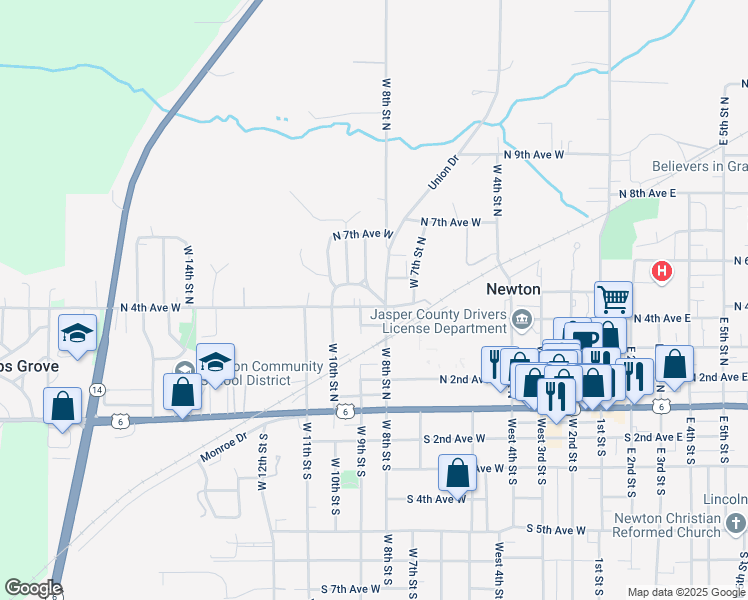 map of restaurants, bars, coffee shops, grocery stores, and more near 804 North 4th Avenue West in Newton