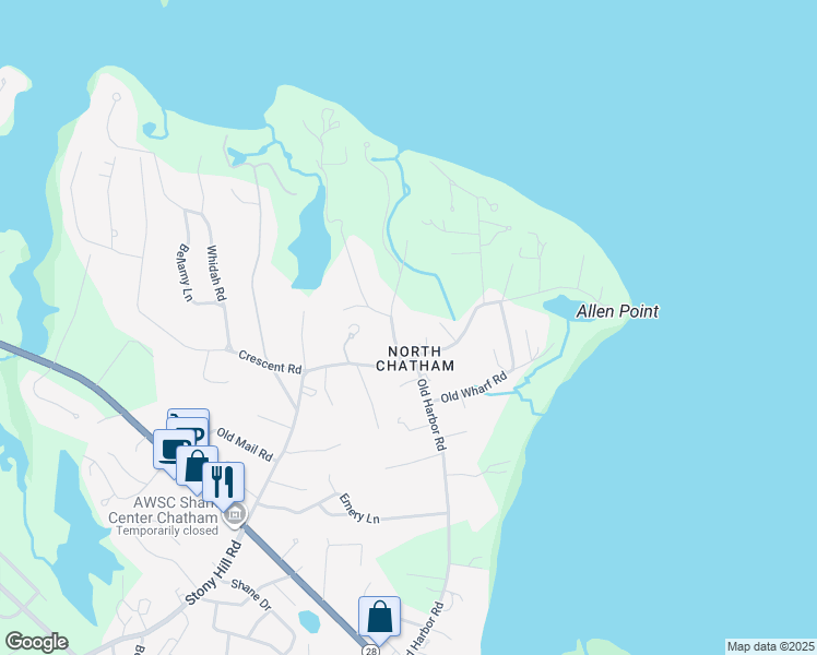 map of restaurants, bars, coffee shops, grocery stores, and more near 28 Cranberry Lane in Chatham