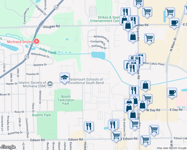 map of restaurants, bars, coffee shops, grocery stores, and more near 701-1099 Peacock Lane in Mishawaka