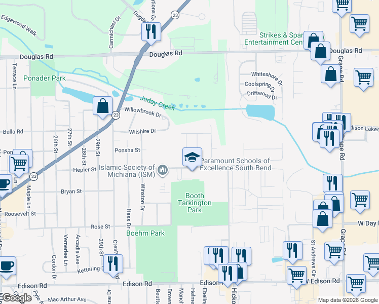 map of restaurants, bars, coffee shops, grocery stores, and more near 1944 Creekwood Drive in South Bend