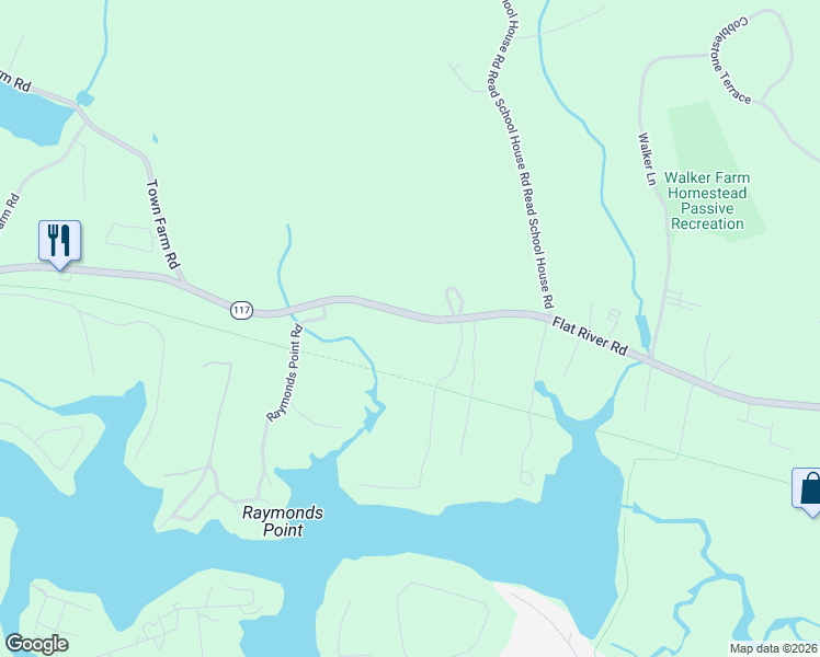 map of restaurants, bars, coffee shops, grocery stores, and more near 1864 Flat River Road in Coventry