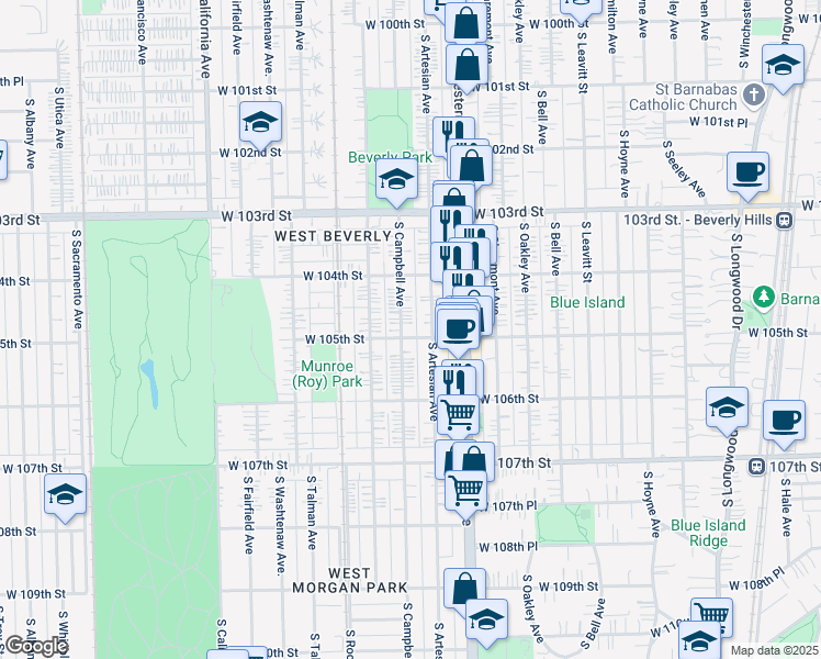 map of restaurants, bars, coffee shops, grocery stores, and more near 10451 South Campbell Avenue in Chicago