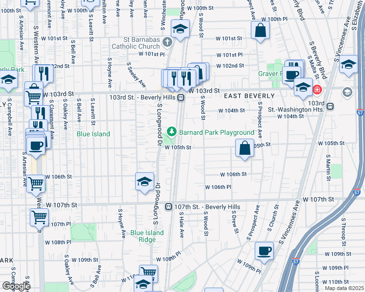 map of restaurants, bars, coffee shops, grocery stores, and more near 1844 West 105th Street in Chicago