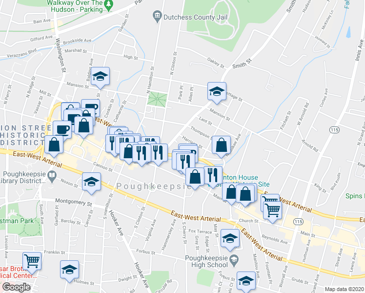 map of restaurants, bars, coffee shops, grocery stores, and more near 14 Grant Street in Poughkeepsie