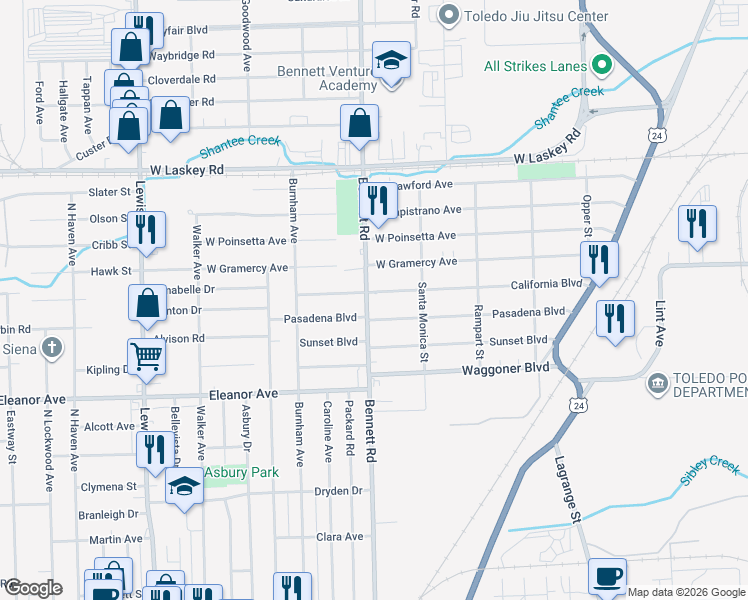 map of restaurants, bars, coffee shops, grocery stores, and more near 455 California Boulevard in Toledo