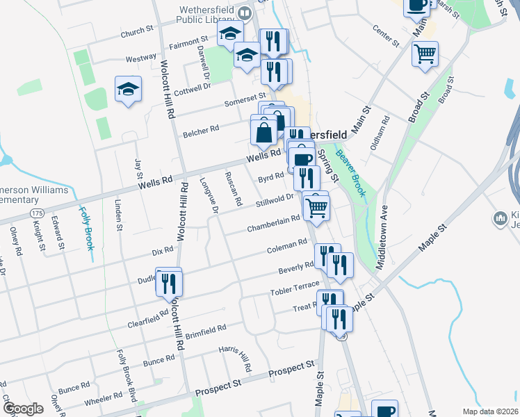 map of restaurants, bars, coffee shops, grocery stores, and more near 54 Stillwold Drive in Wethersfield
