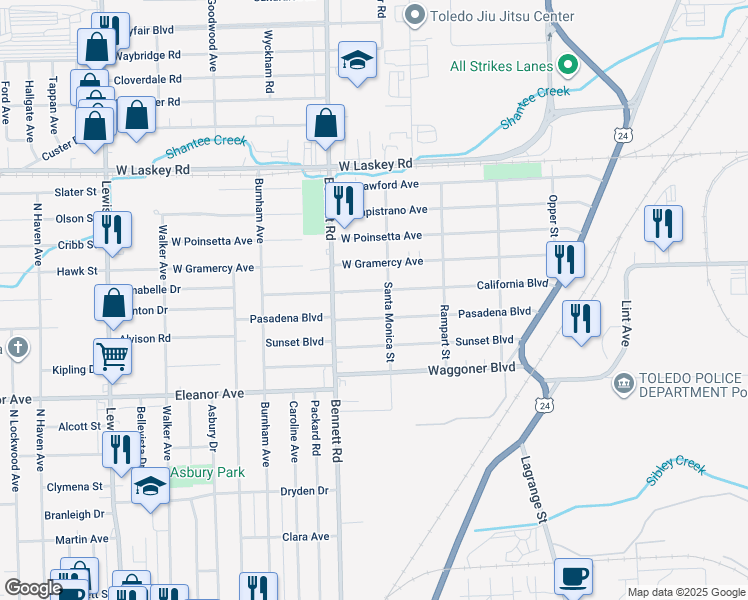map of restaurants, bars, coffee shops, grocery stores, and more near 415 California Blvd in Toledo