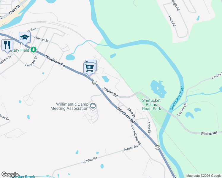 map of restaurants, bars, coffee shops, grocery stores, and more near 388 Plains Road in Windham