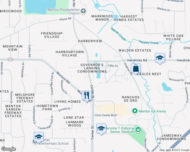 map of restaurants, bars, coffee shops, grocery stores, and more near 6171 Center Street in Mentor
