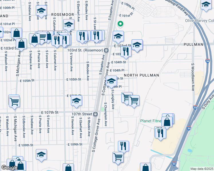 map of restaurants, bars, coffee shops, grocery stores, and more near 10525 South Cottage Grove Avenue in Chicago