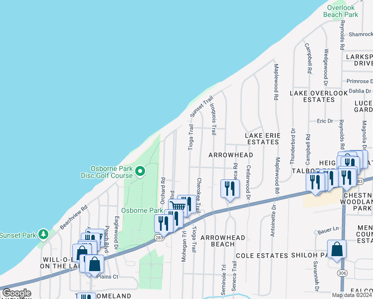 map of restaurants, bars, coffee shops, grocery stores, and more near 646 Tioga Trail in Willoughby