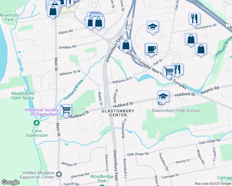 map of restaurants, bars, coffee shops, grocery stores, and more near Willieb Street in Glastonbury