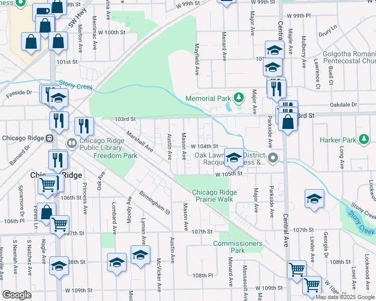 map of restaurants, bars, coffee shops, grocery stores, and more near 10401 Mason Avenue in Oak Lawn