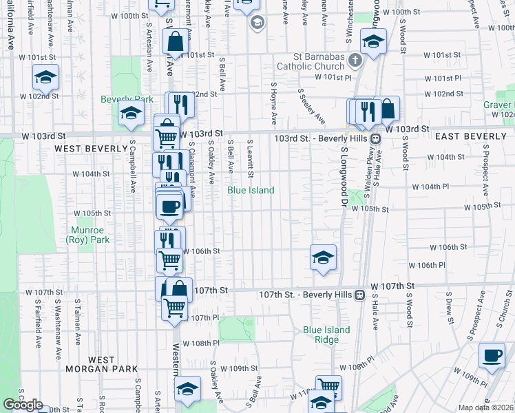 map of restaurants, bars, coffee shops, grocery stores, and more near 10459 S Leavitt St in Chicago