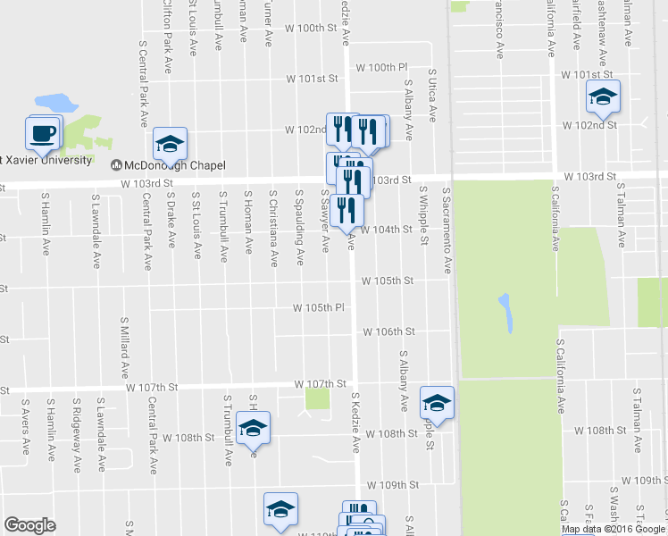 map of restaurants, bars, coffee shops, grocery stores, and more near 10445 South Sawyer Avenue in Chicago