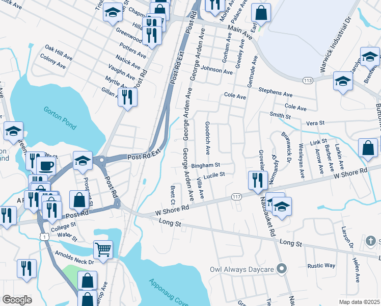 map of restaurants, bars, coffee shops, grocery stores, and more near 29 Mary Beth Drive in Warwick