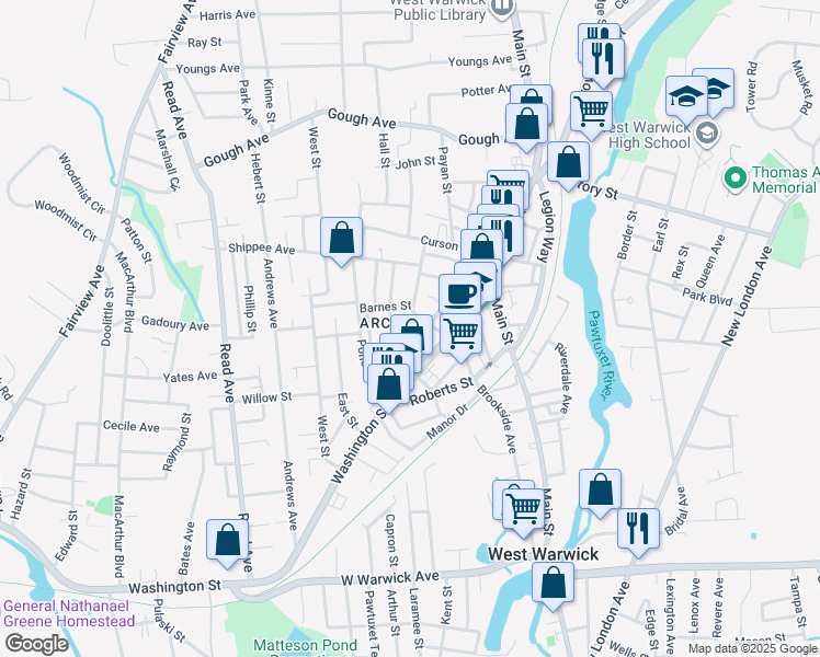 map of restaurants, bars, coffee shops, grocery stores, and more near 145 Archambault Avenue in West Warwick