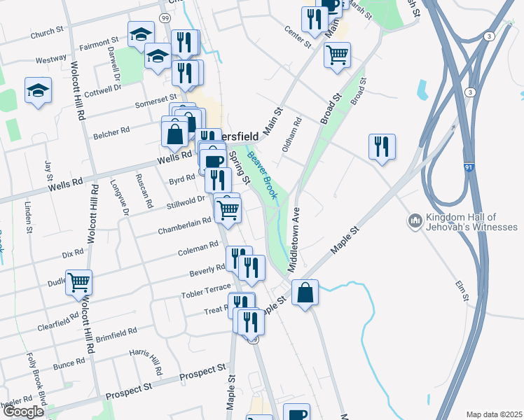 map of restaurants, bars, coffee shops, grocery stores, and more near 9 Sharon Lane in Wethersfield