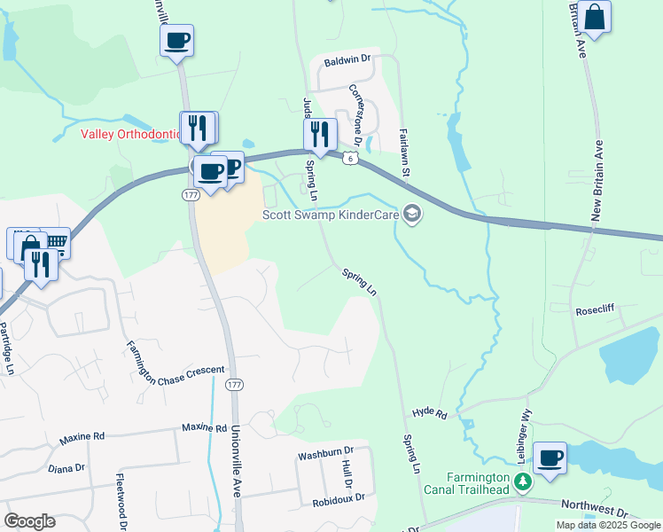 map of restaurants, bars, coffee shops, grocery stores, and more near 1-99 Right Lane in Farmington