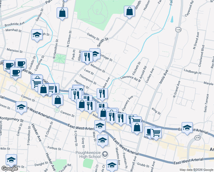 map of restaurants, bars, coffee shops, grocery stores, and more near 177 Thompson Street in Poughkeepsie