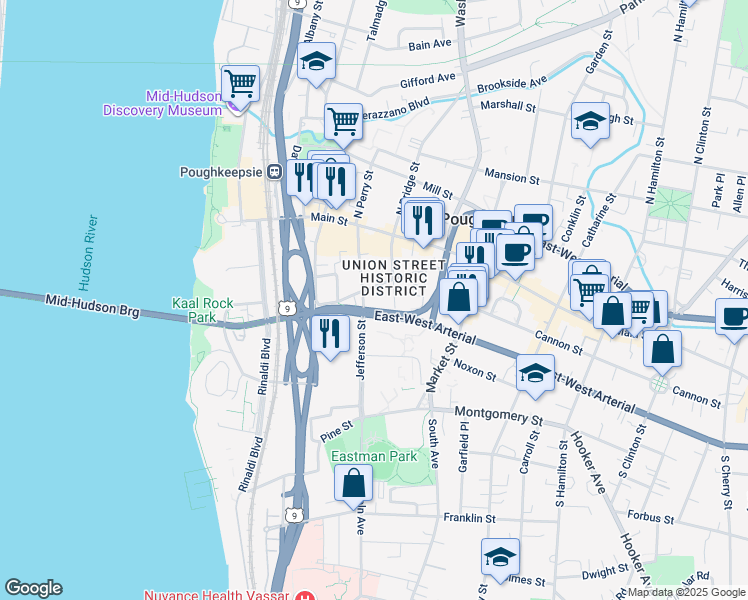 map of restaurants, bars, coffee shops, grocery stores, and more near 160 Union Street in Poughkeepsie