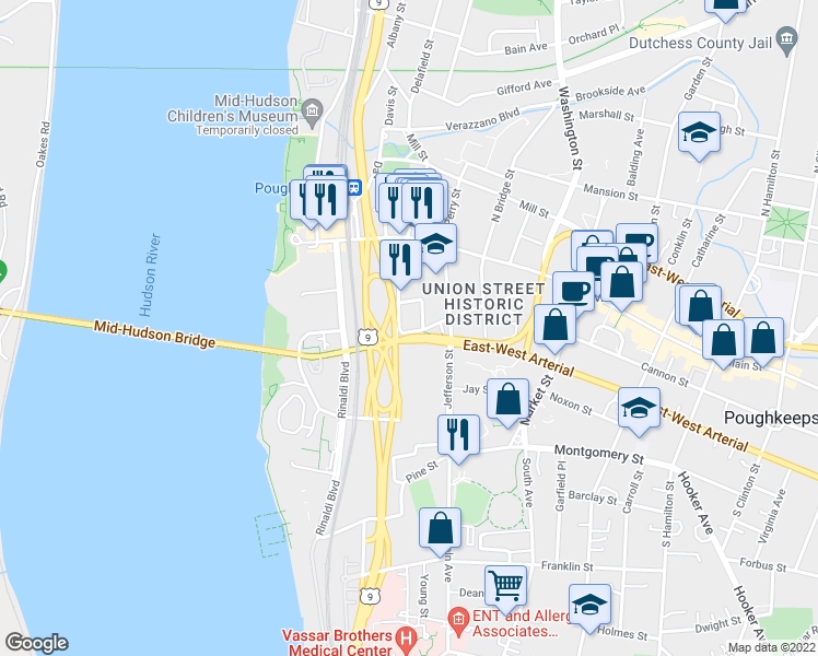 map of restaurants, bars, coffee shops, grocery stores, and more near 135 Union Street in Poughkeepsie