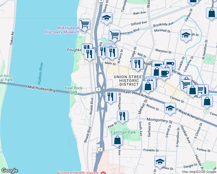 map of restaurants, bars, coffee shops, grocery stores, and more near 135 Union Street in Poughkeepsie