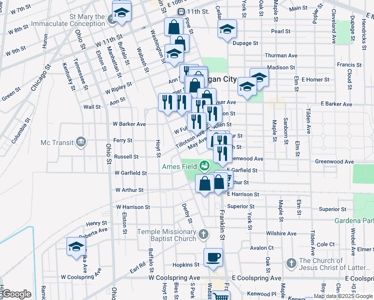 map of restaurants, bars, coffee shops, grocery stores, and more near 2201 Washington Street in Michigan City