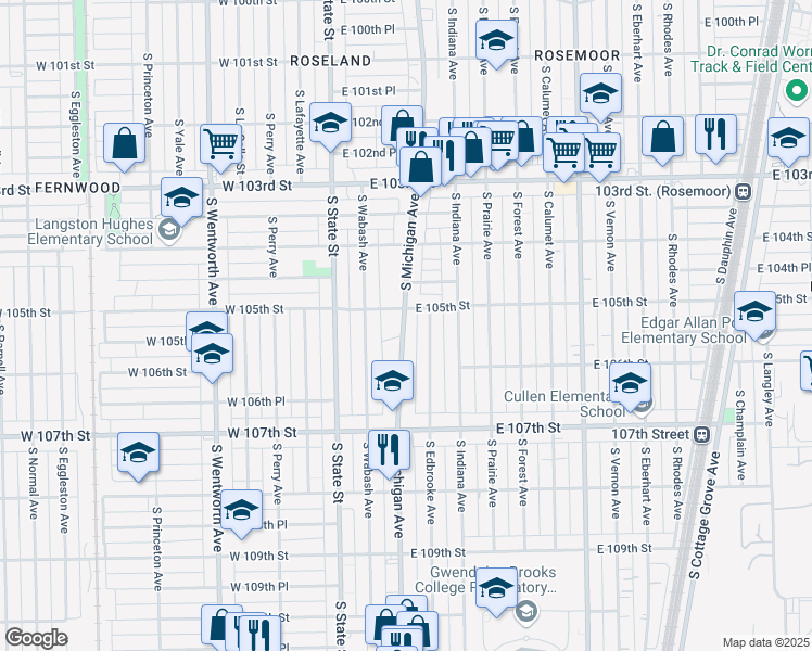 map of restaurants, bars, coffee shops, grocery stores, and more near 10503 South Michigan Avenue in Chicago