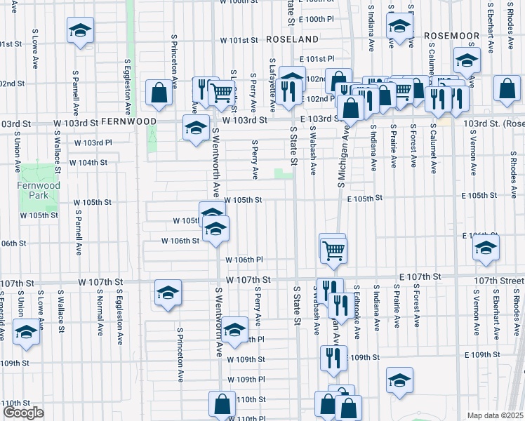 map of restaurants, bars, coffee shops, grocery stores, and more near 10515 South Perry Avenue in Chicago