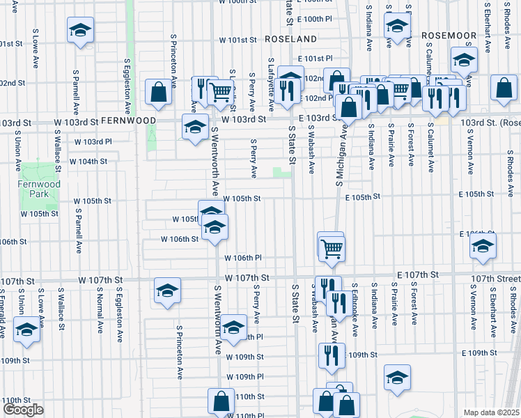 map of restaurants, bars, coffee shops, grocery stores, and more near 10515 South Perry Avenue in Chicago