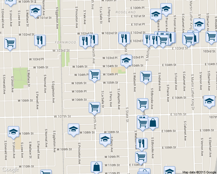 map of restaurants, bars, coffee shops, grocery stores, and more near 10515 South Perry Avenue in Chicago
