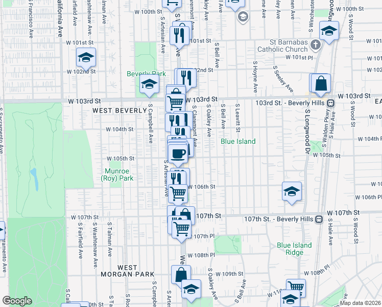 map of restaurants, bars, coffee shops, grocery stores, and more near 10433 South Western Avenue in Chicago