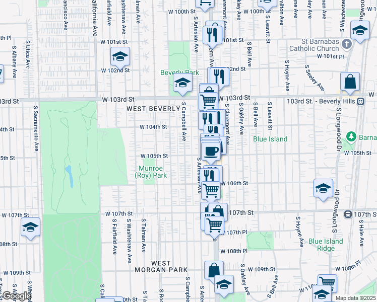 map of restaurants, bars, coffee shops, grocery stores, and more near 10451 South Campbell Avenue in Chicago
