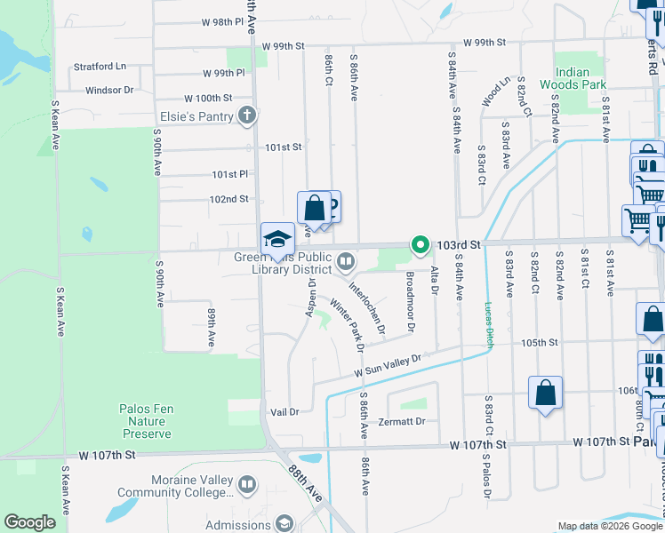 map of restaurants, bars, coffee shops, grocery stores, and more near 8611 103rd Street in Palos Hills
